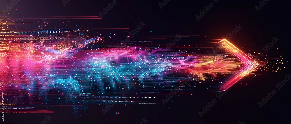 Poster colorful digital arrow pointing right shaped by dynamic neon glowing lines in a dark background.