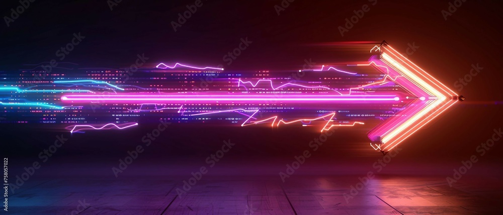 Poster colorful digital arrow pointing right shaped by dynamic neon glowing lines in a dark background.