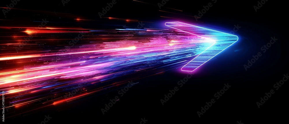 Poster colorful digital arrow pointing right shaped by dynamic neon glowing lines in a dark background.