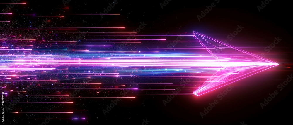 Poster colorful digital arrow pointing right shaped by dynamic neon glowing lines in a dark background.