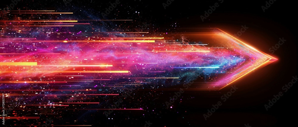 Poster colorful digital arrow pointing right shaped by dynamic neon glowing lines in a dark background.