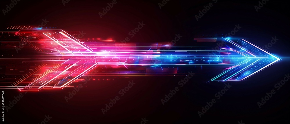 Poster colorful digital arrow pointing right shaped by dynamic neon glowing lines in a dark background.