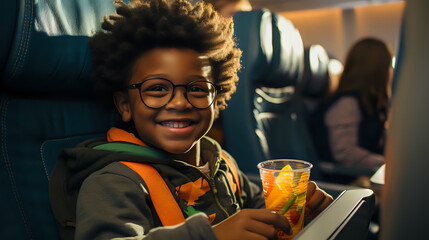A cheerful young boy with stylish glasses shares a moment of delight on an airplane, sipping a colorful fruit cup, perfect for lifestyle, travel, and family-themed stock images.