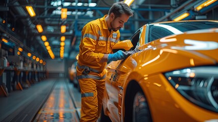 Worker in yellow uniform polishing car body at automobile repair service station.
