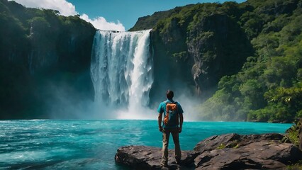 Man with a backpack standing in front of a waterfall 