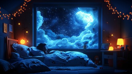 Dreamy room with a window and a night sky, boy sleep in bed. - obrazy, fototapety, plakaty