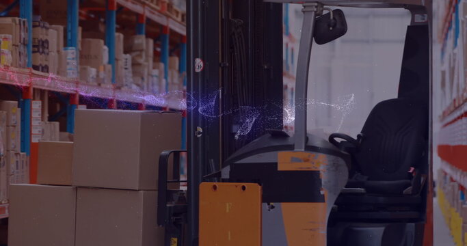 Image of glowing spots of light over forklift and stacked shelves in warehouse,