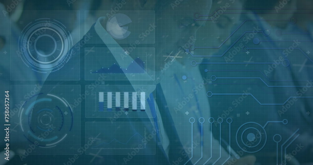 Poster image of data processing on digital screen over caucasian businesspeople during presentation