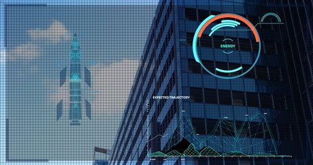 Digital interface with data processing against tall building in background