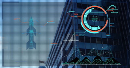 Digital interface with data processing against tall building in background