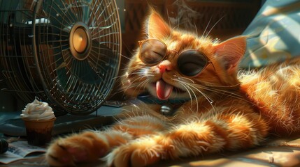 An orange cat with sunglasses relaxes by an electric fan on a sunny day, with an ice cream cone nearby.
 - obrazy, fototapety, plakaty