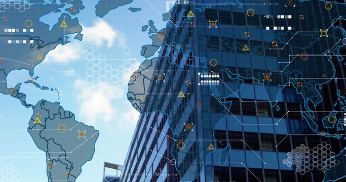 Data processing over world map against tall building in background