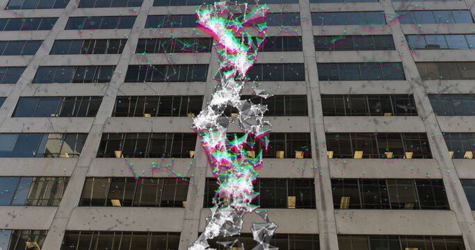 Image of data processing and dna strand over city