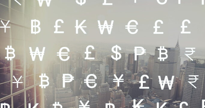 Image of currency symbols over city