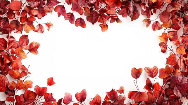 Red leaves frame with heart shape on white background, generative ai