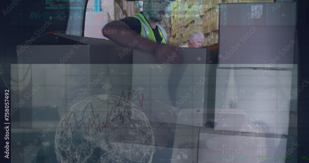 Poster image of data processing over caucasian delivery man stacking boxes in the back of truck