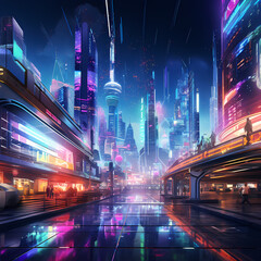 A futuristic cityscape with neon lights. 