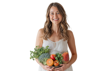 Joyful Pregnant Woman with Healthy Fruits and Vegetables on Isolated Background