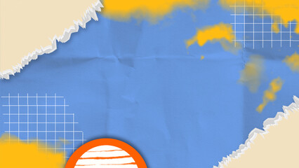 Creative color blocking blue background with collage technique and torn paper elements