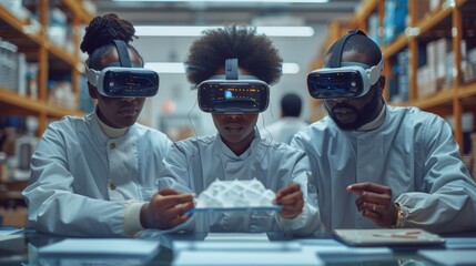 African american scientists using virtual reality headset in laboratory.