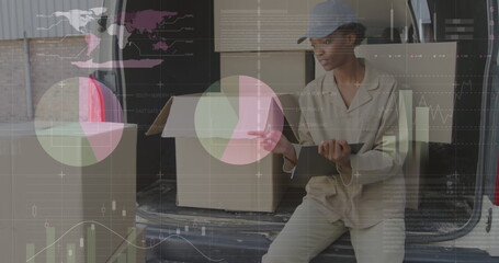 Image of data processing over african american female deliverer with clipboard
