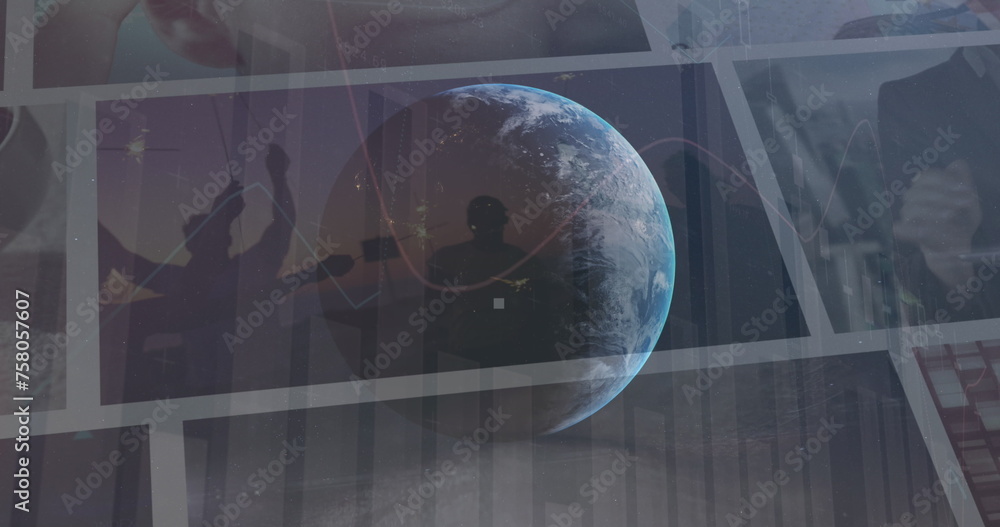 Poster image of globe rotating over data on screens