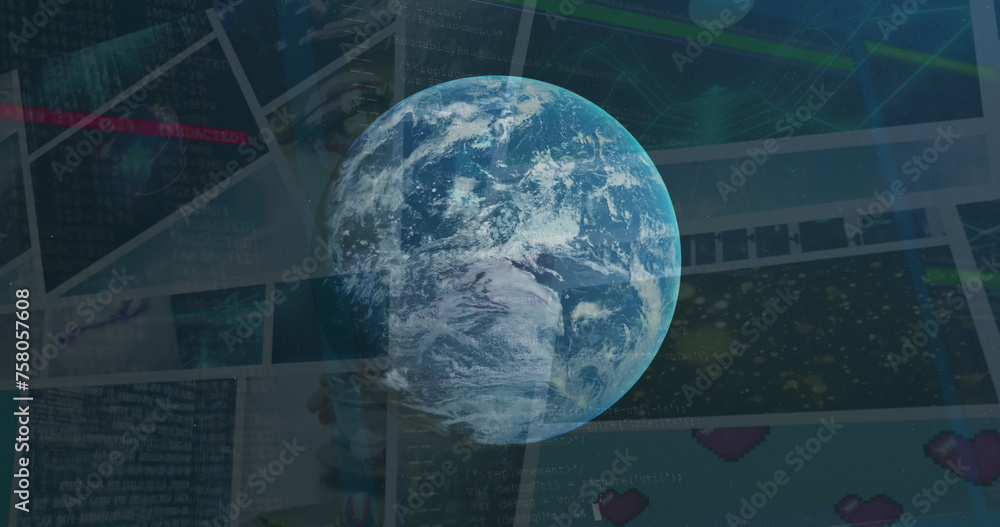 Poster image of globe rotating over data on screens