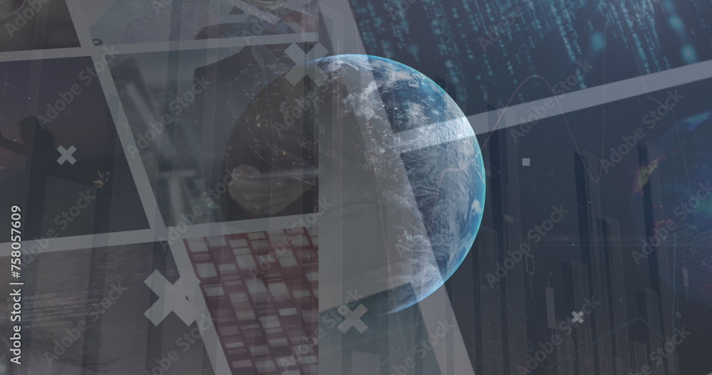 Poster image of globe rotating over data on screens