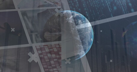 Image of globe rotating over data on screens