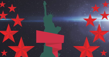 Image of red stars and statue of liberty silhouette on black background with light