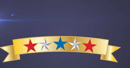 Image of ribbon with red, white and blue stars over black background with light