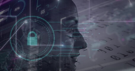 Image of data processing over caucasian female worker in server room