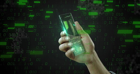 Image of data processing over hands with digital screens