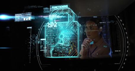 Image of data processing and padlock over caucasian female worker in server room
