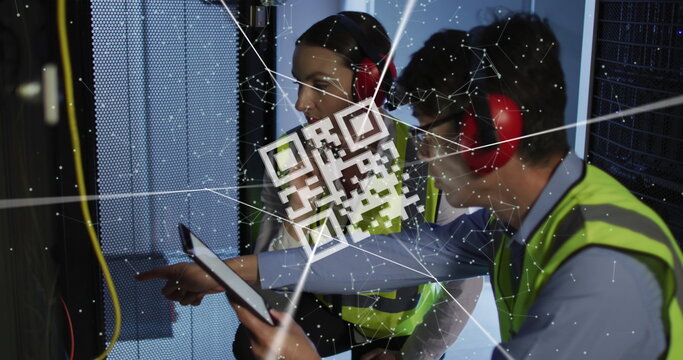 Image of data processing and qr code over diverse workers in server room