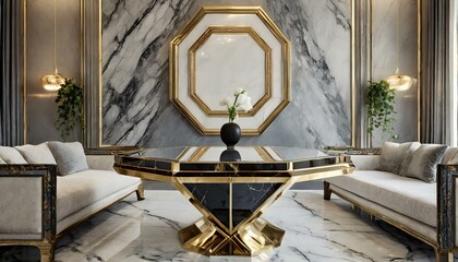 a luxurious center table with a marble tabletop and brass frame, featuring a hexagonal or octagonal shape and intricate detailing, adding elegance and sophistication to upscale residential interiors o - obrazy, fototapety, plakaty