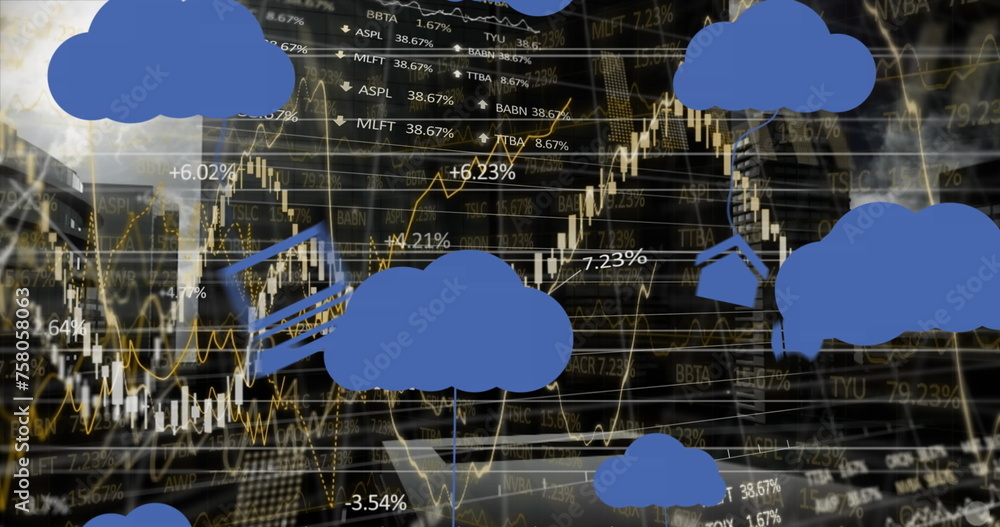Poster image of clouds with icons over data processing and cityscape