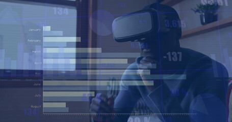 Image of data processing over african american man using vr headset