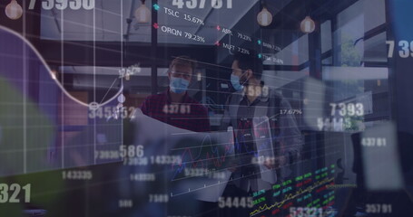 Image of changing numbers and data processing over two diverse men discussing at office