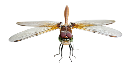 Front view Close-up of an isolated flying green Dragonfly (Odonata)