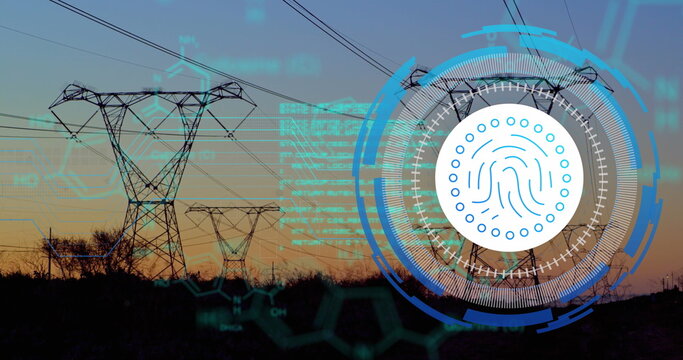 Image of data processing with fingerprint icon over pylons