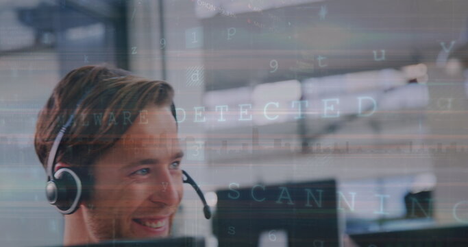 Image of digital interface over business people using phone headsets