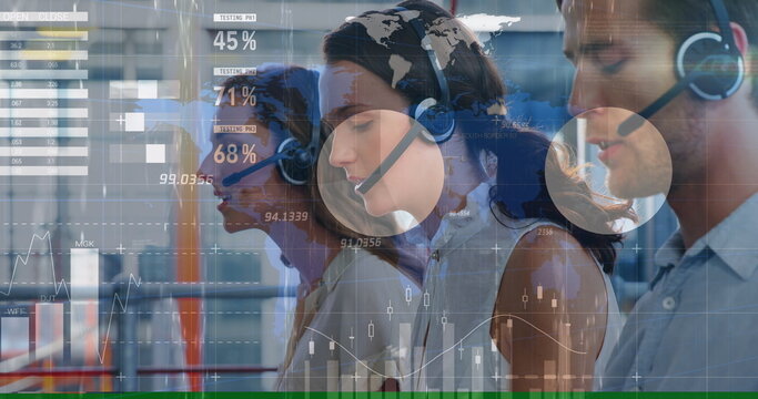 Image of financial graphs and data over diverse female and male call center workers - Powered by Adobe
