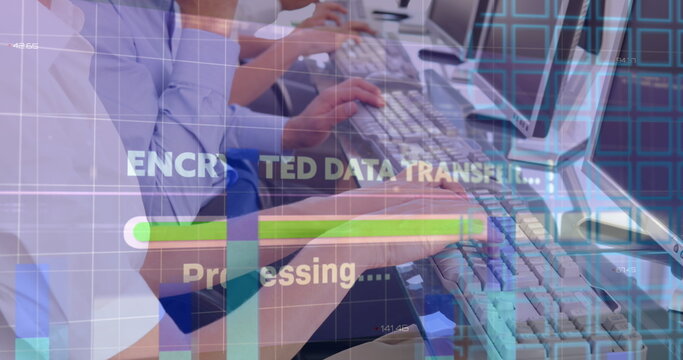 Image of data processing and encrypted data over hands of diverse call center workers - Powered by Adobe