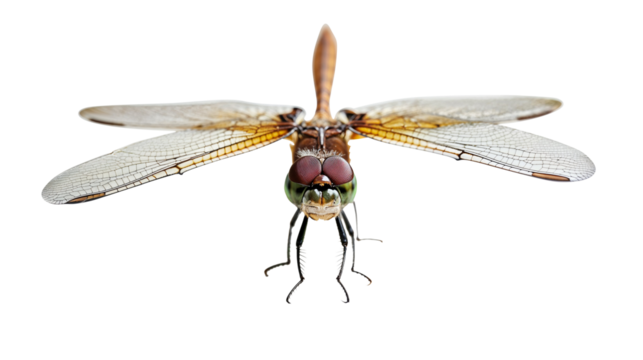 Front view Close-up of an isolated flying green Dragonfly (Odonata)