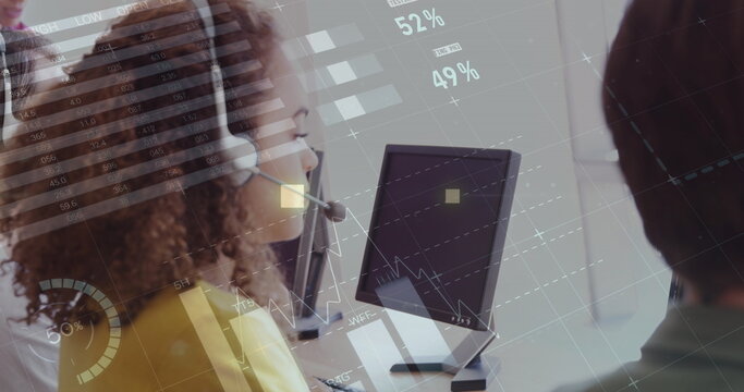 Image of financial graphs and data over happy biracial call center worker