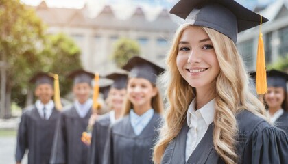 group of students in graduation gown, young woman in a graduation gown