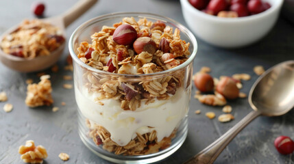 Healthy breakfast concept. Glass glass of granola with yogurt, muesli, nuts and fresh berries fruits on the table. Copy space