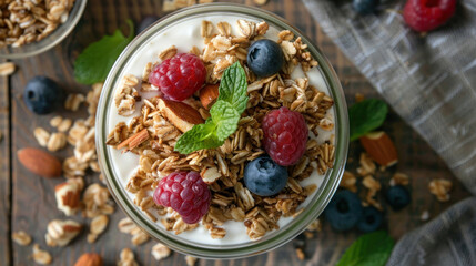 Healthy breakfast concept. Glass glass of granola with yogurt, muesli, nuts and fresh berries...