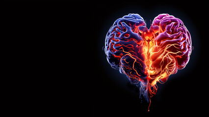 Illuminated Human Heart and Brain Connection Concept on Dark Background with Copy Space